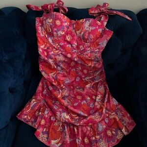 Pink Floral Print Tie Strap Frill Hem Bodycon Dress